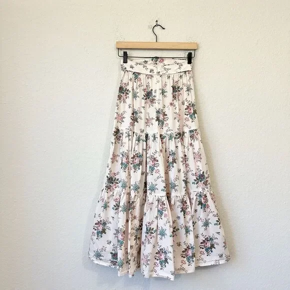 ANNA MASON Maxi Skirt Beige Floral Tiered Flare Cotton Peasant Fairy - Picture 2 of 11
